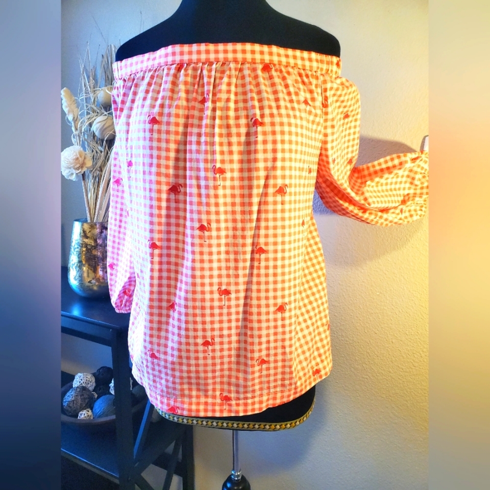 Crown And Ivy Pink And White Checker Off The Shoulder Shirt With Flamigos, XL